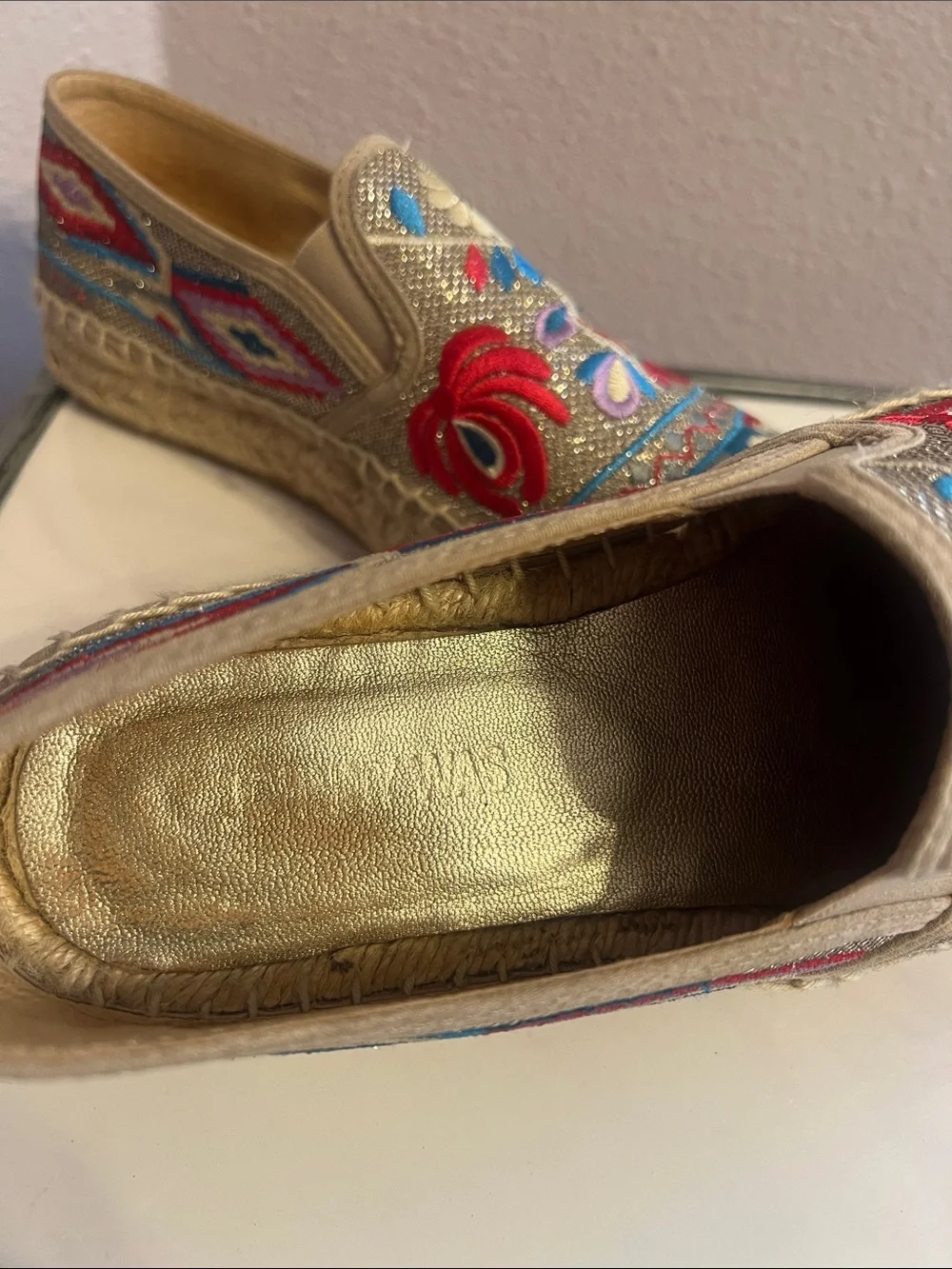 Johnny Was Metallic Embroidered Espadrille Slip-On in Gold w colorful Accents.